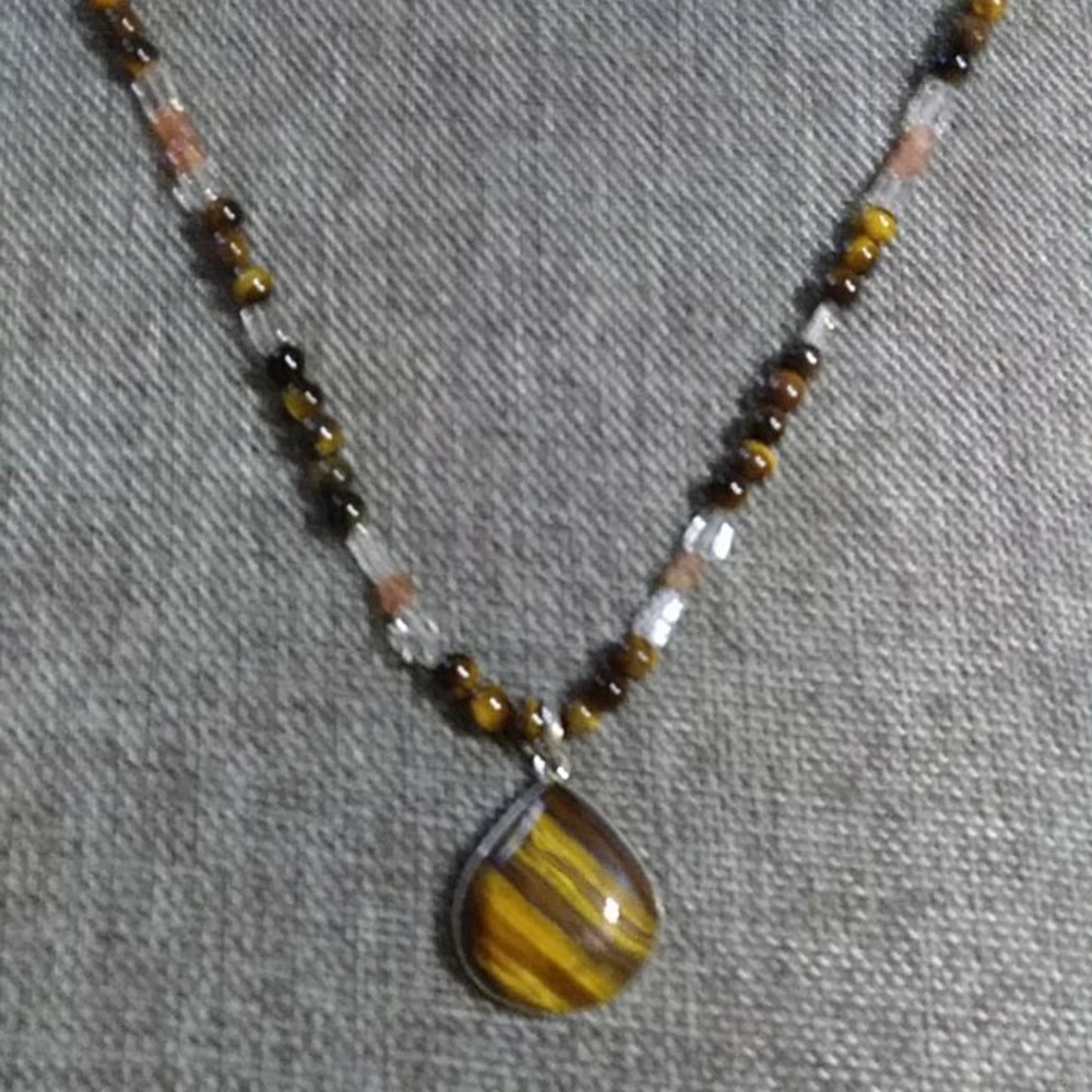 NWT-TIGER,S EYE-DROP/BEADS & CRYSTALS. STERLING. PENDANT/ 18" LONG...  (N-13)